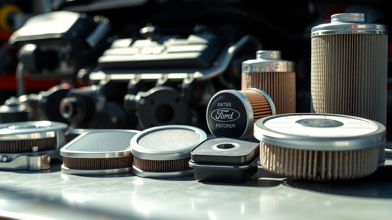 Quality Ford car parts arranged on a workshop surface.