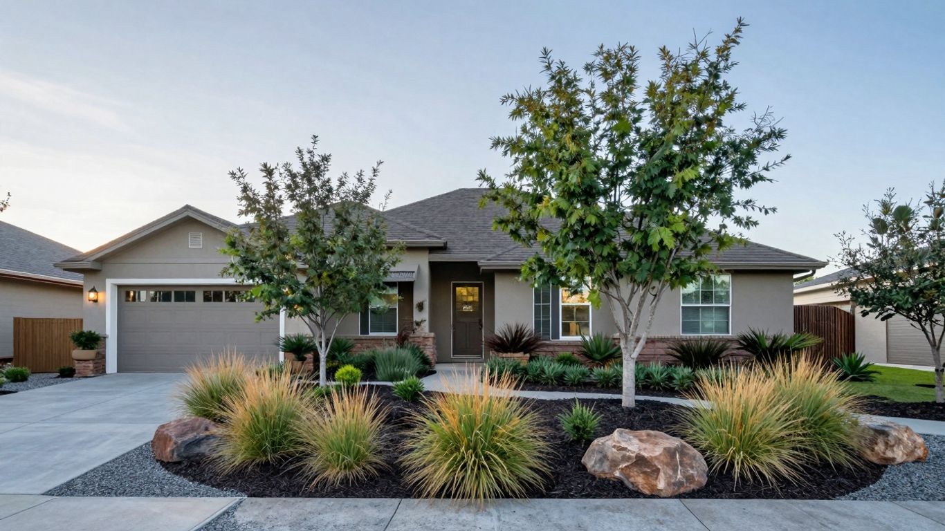 Home with firewise landscaping for safety.