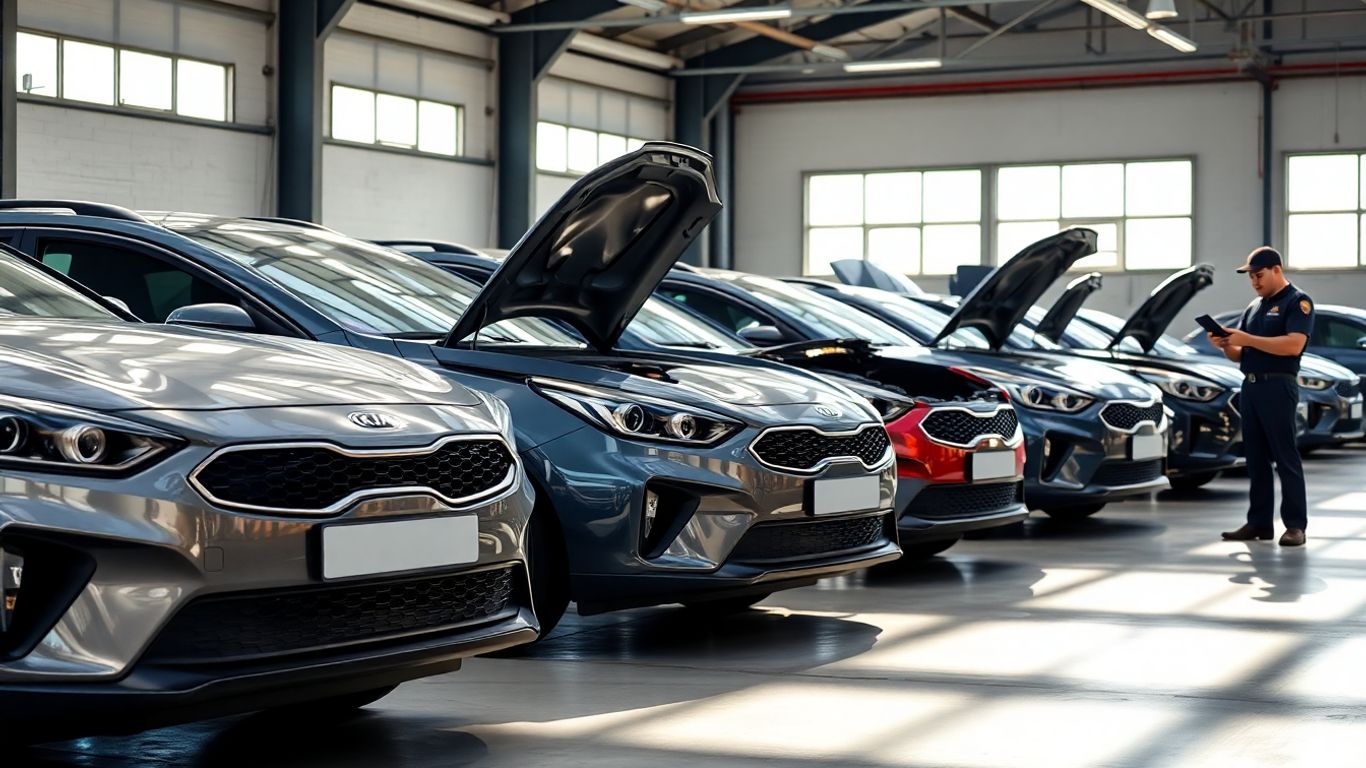 Kia wreckers yard with cars and mechanic.