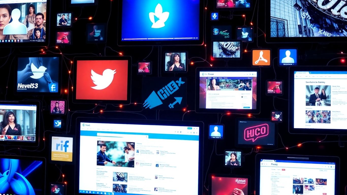 Digital media channels collage with glowing screens.