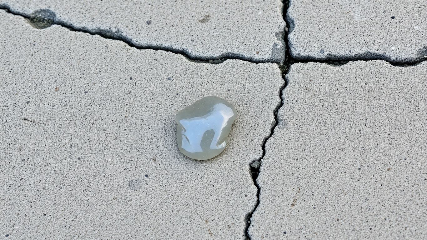Gum stuck on a concrete sidewalk surface.