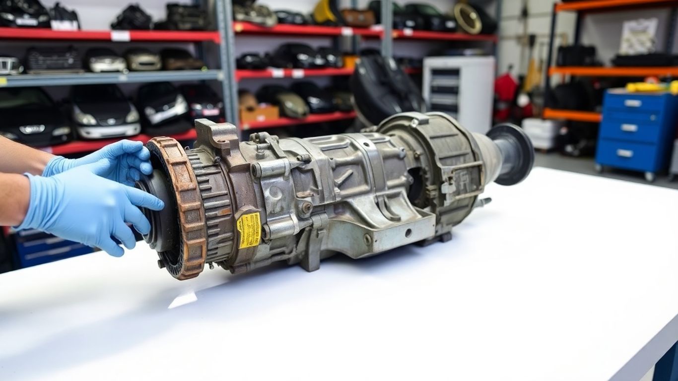 Mechanic inspecting Skoda Octavia gearbox in workshop