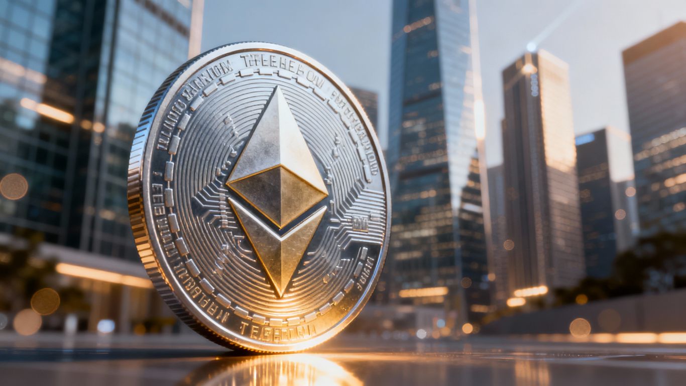 Ethereum coin with city financial backdrop