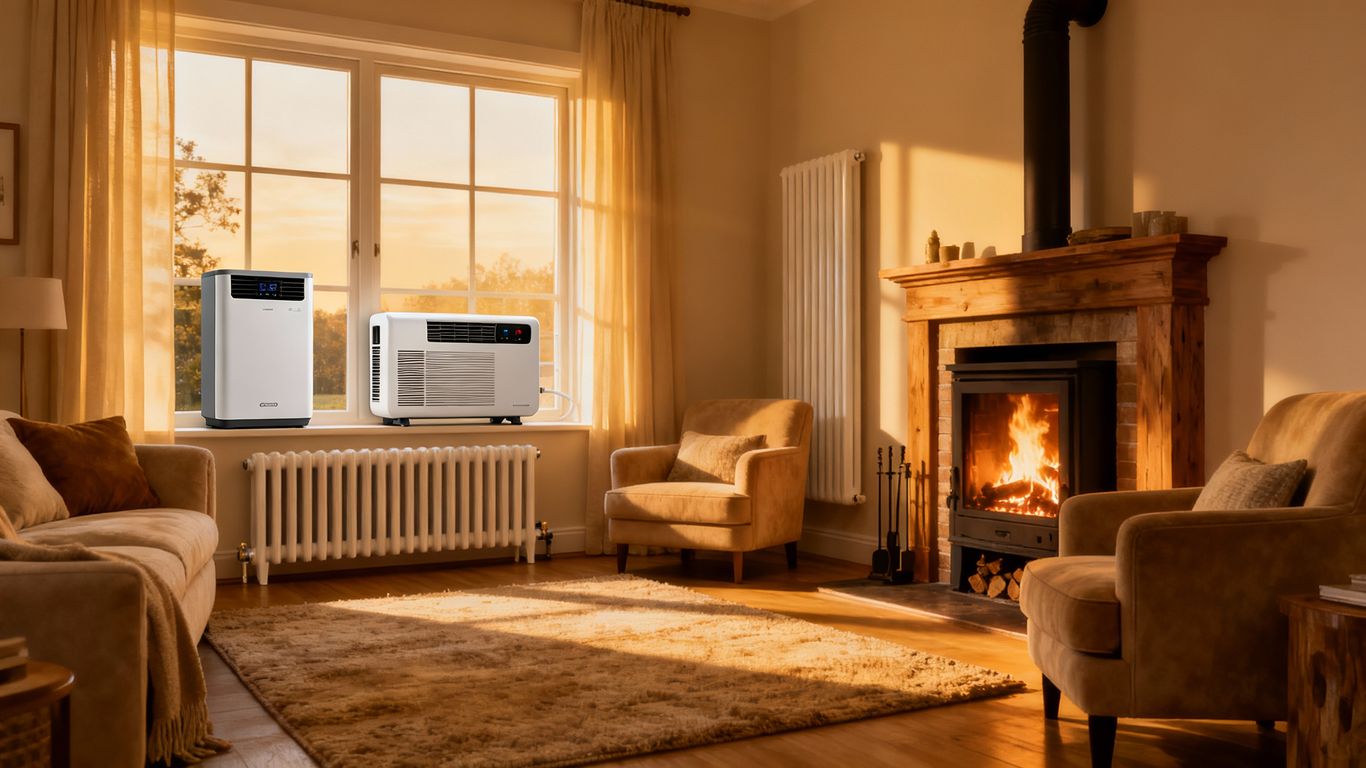 Various home heating systems in a cozy living room