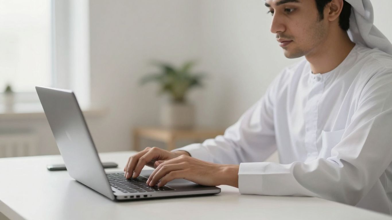 Focused individual working productively at a clean desk.
