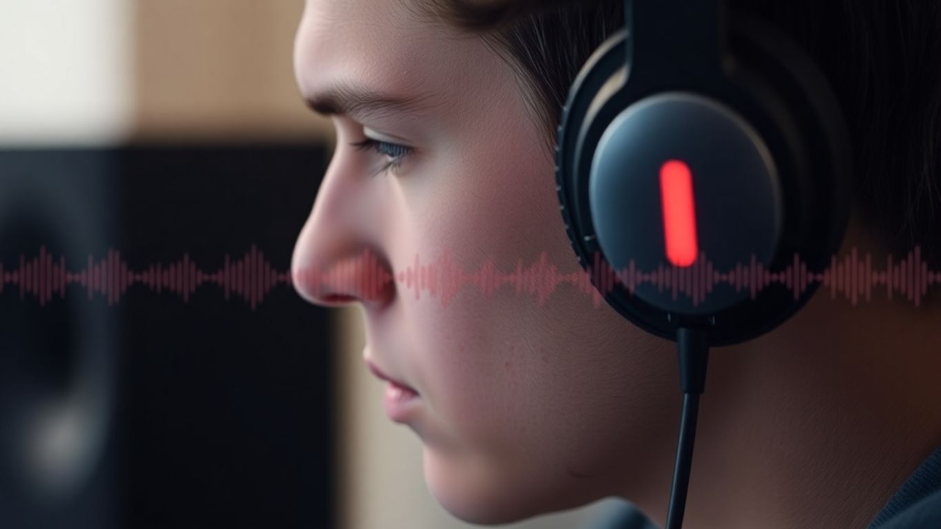 Student wearing headphones, focused on listening practice.