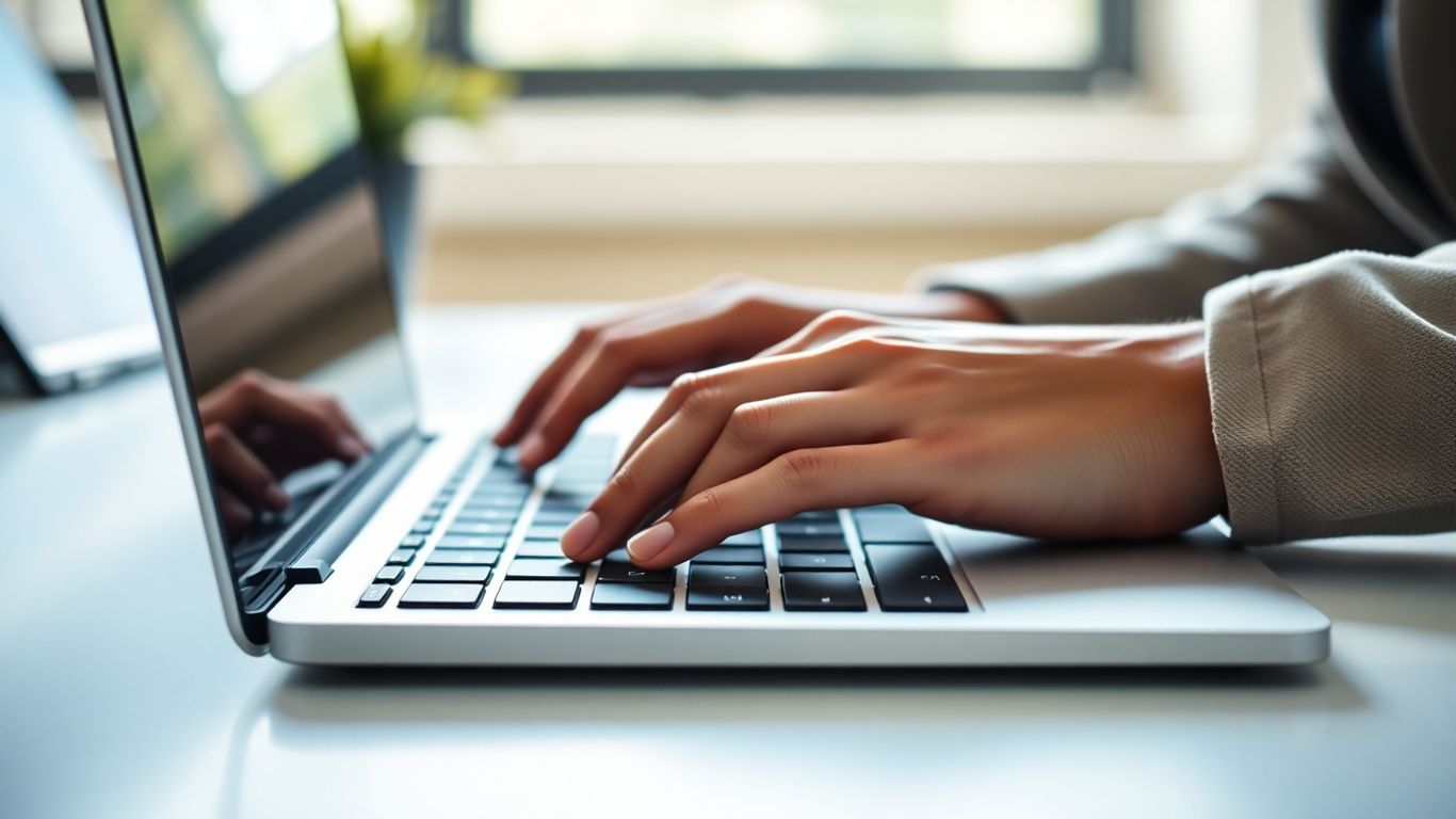 Hands typing on a modern laptop keyboard.