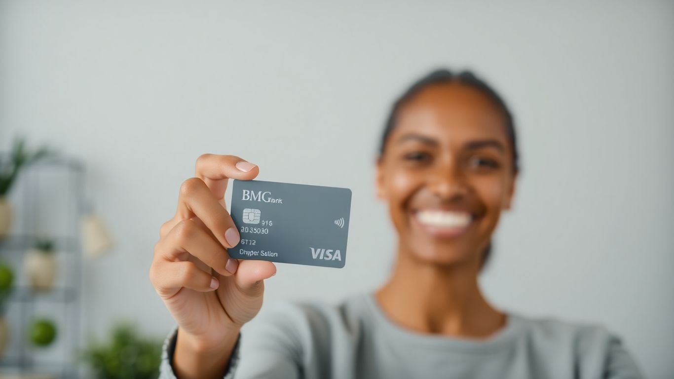 Pessoa sorrindo com cartão BMG e fundo financeiro.