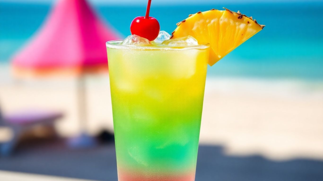 Non-alcoholic tropical fizz cocktail with pineapple garnish.