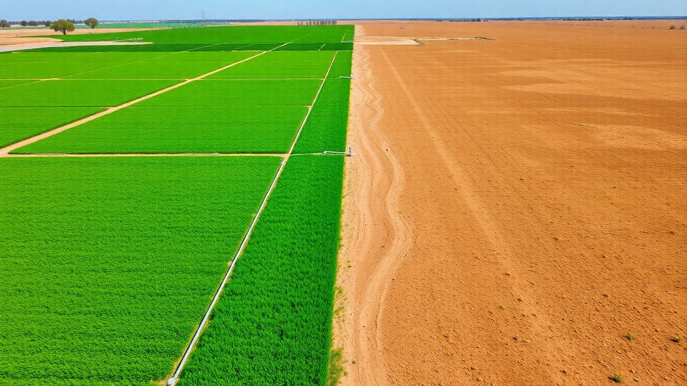 Teren arabil irigat lângă teren neproductiv uscat, vedere aeriană