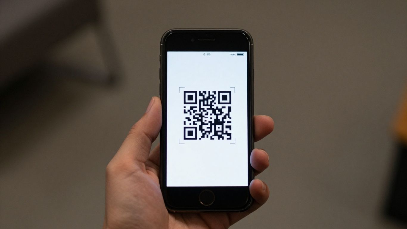 Smartphone scanning a QR code on its screen.