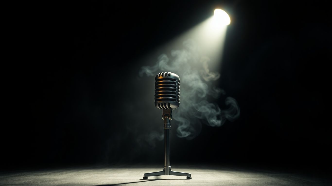 Vintage microphone on a spotlighted stage.