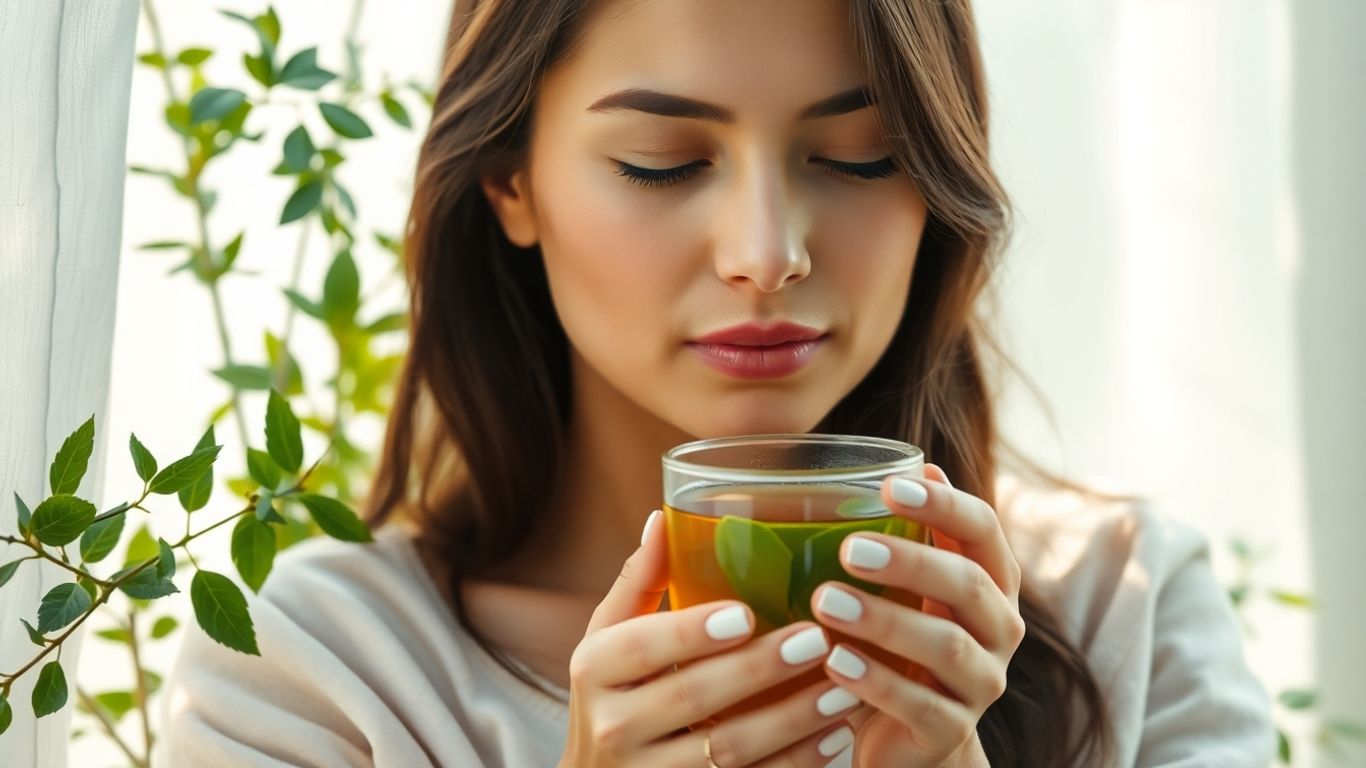 Woman in natural light with greenery and tea