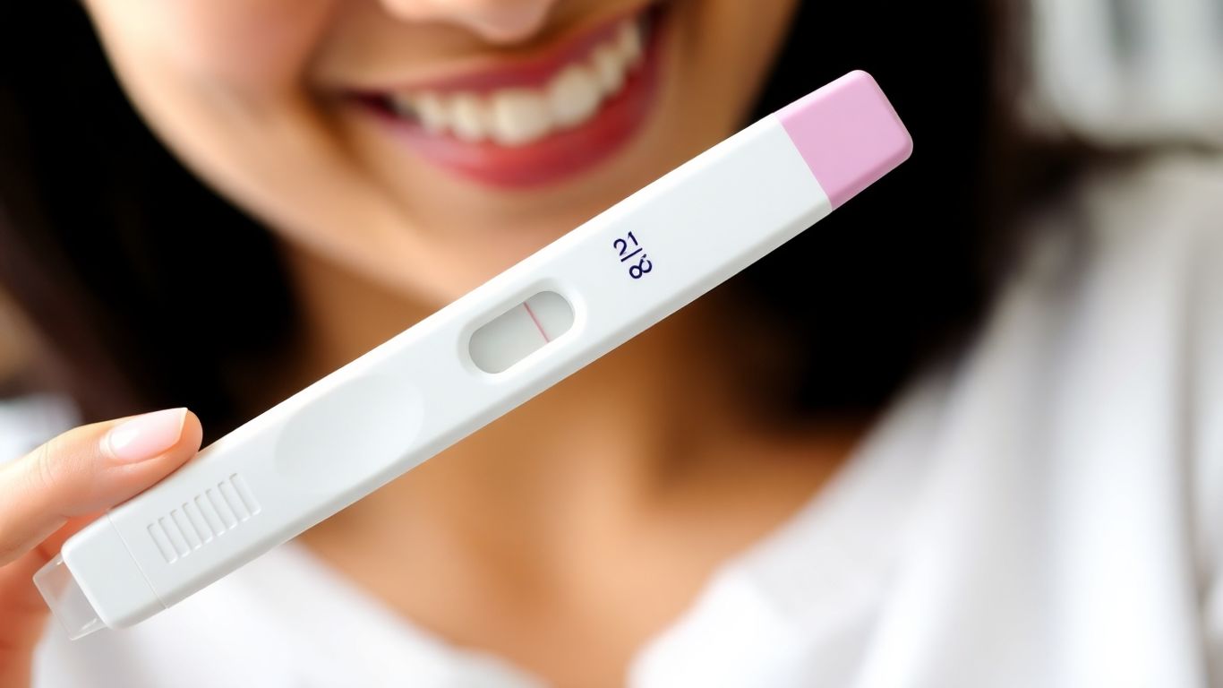 Mulher segurando teste de gravidez positivo