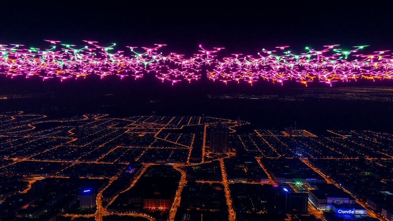 Drone light show over a city