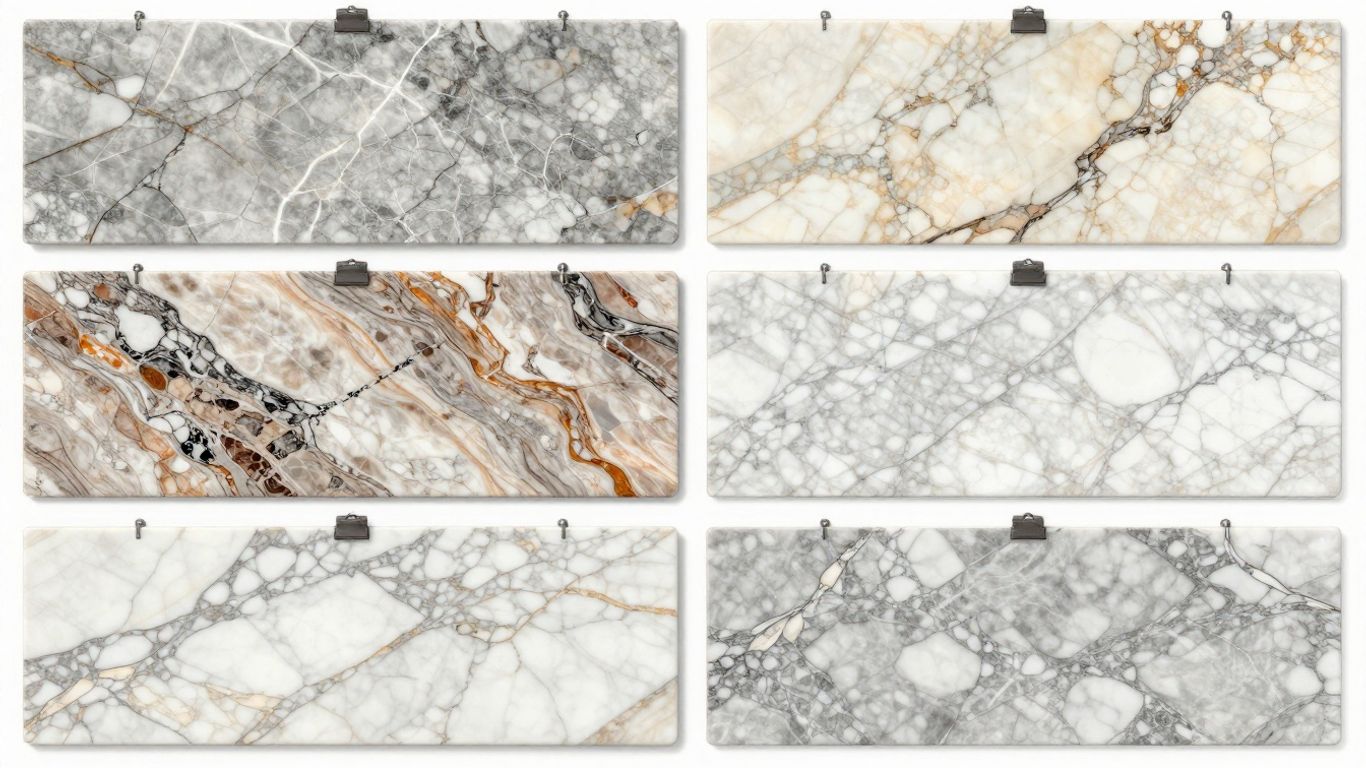 Premium marble slabs with intricate veining in various colors.