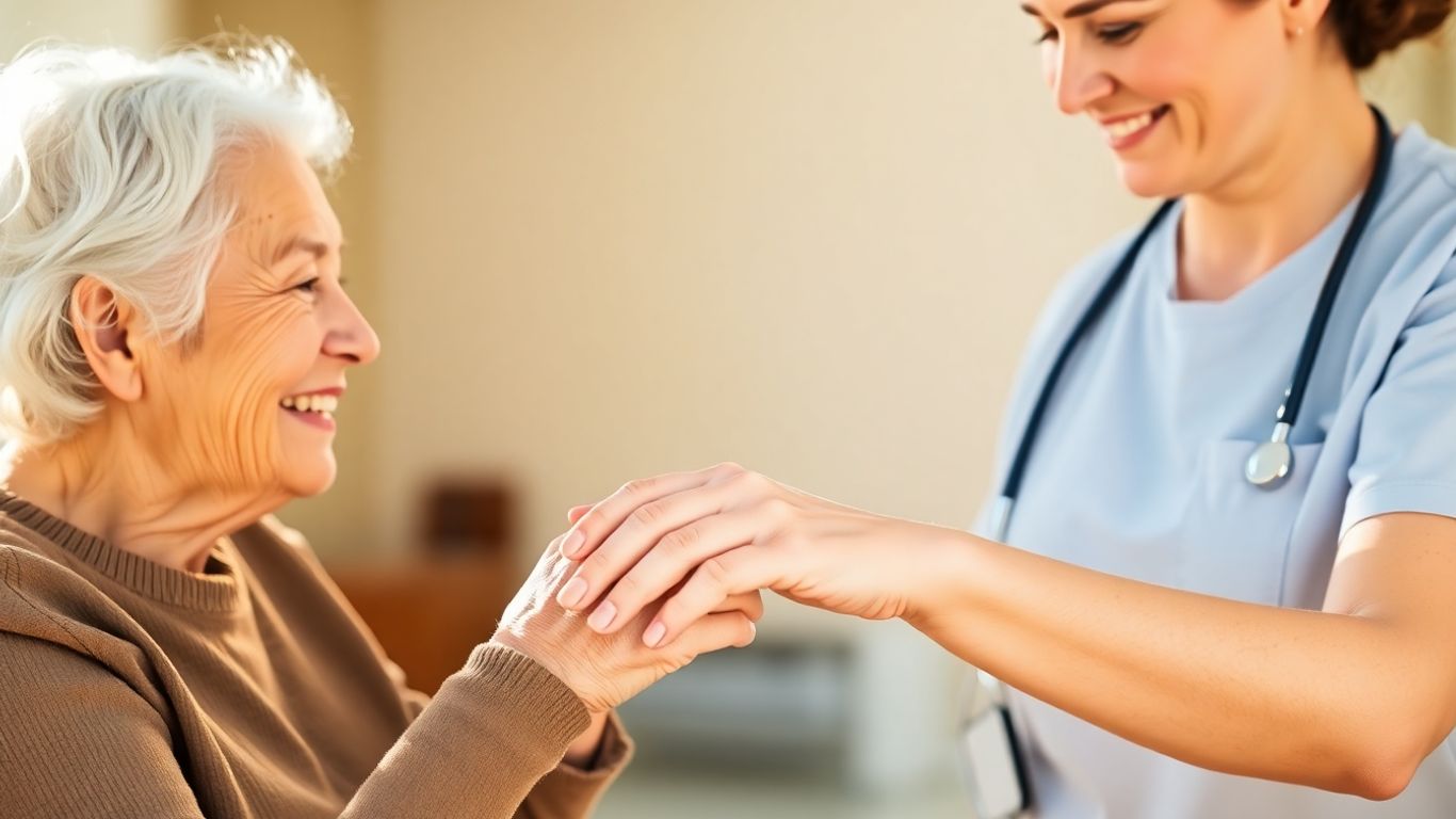 Caregiver and resident sharing a kind, smiling moment.