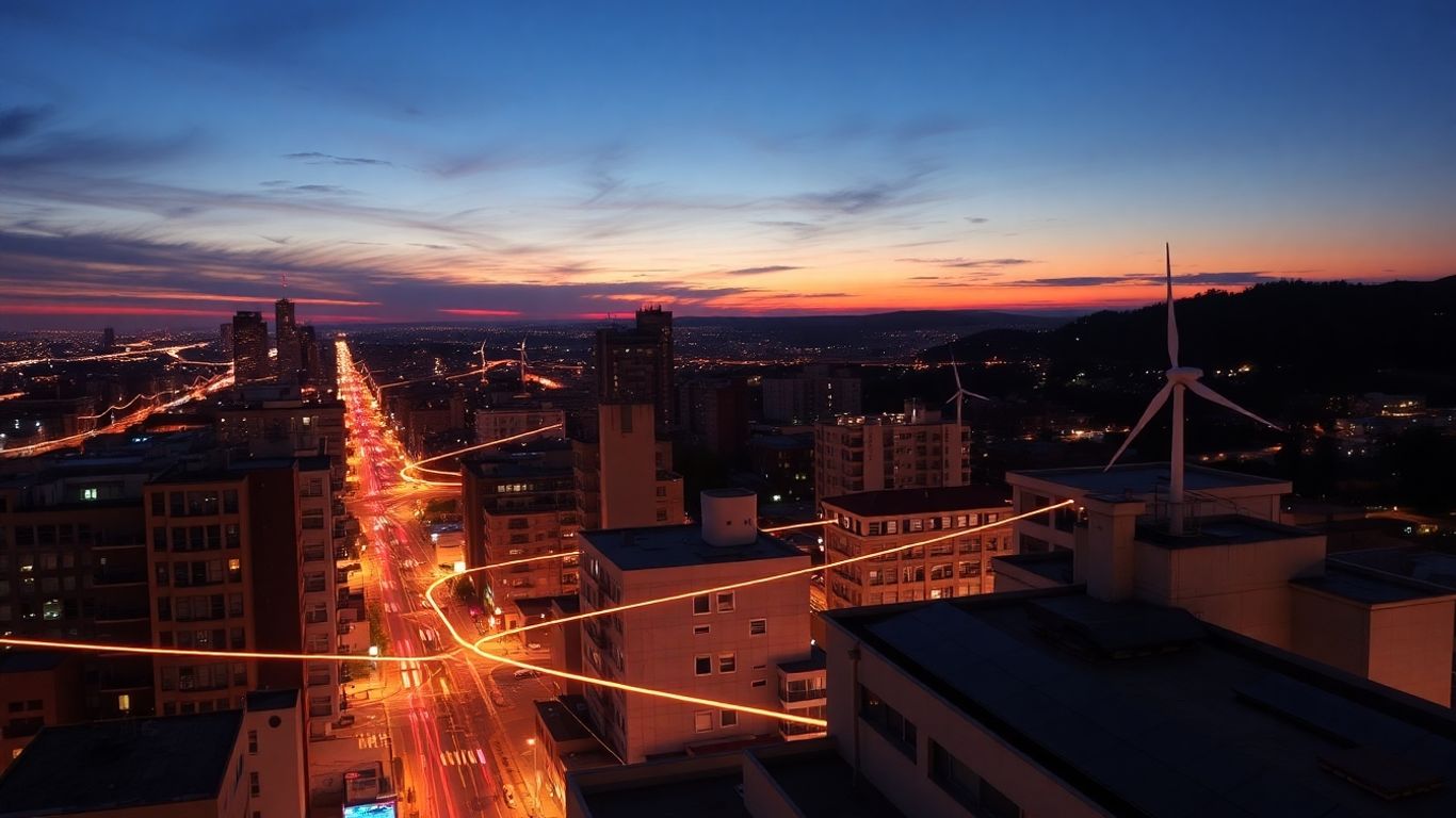 Decentralized energy grid connecting a city with renewable sources.
