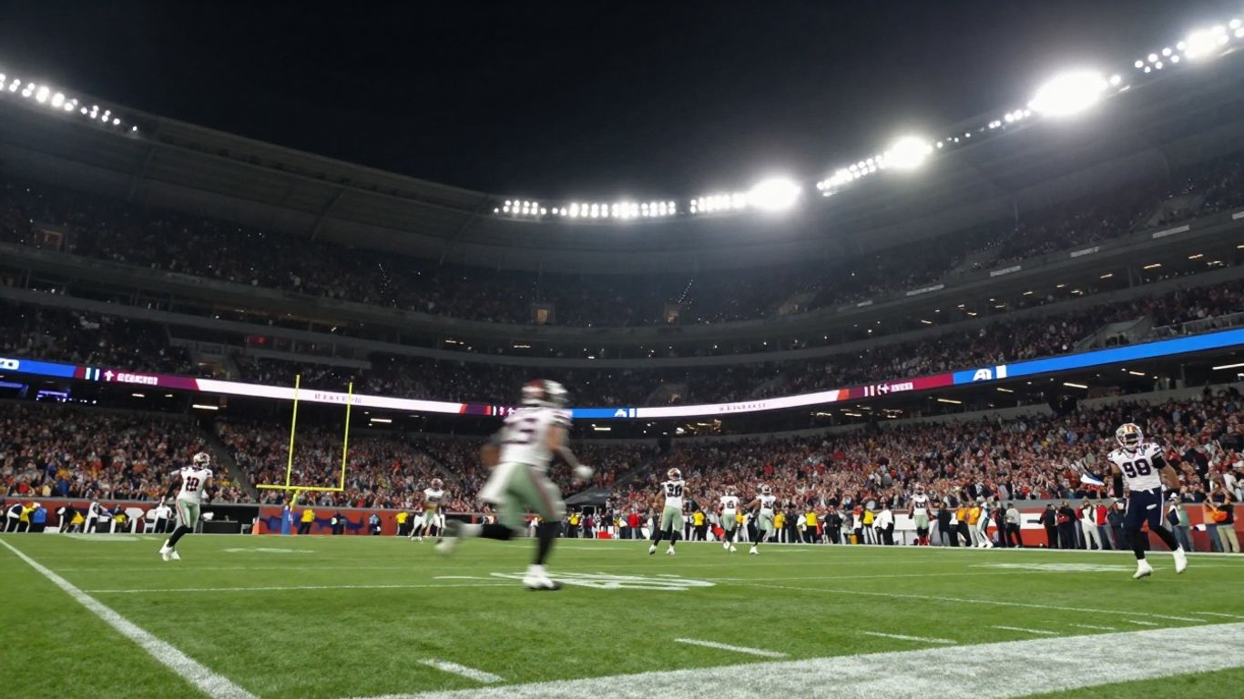 Super Bowl stadium with players and fans during a game.