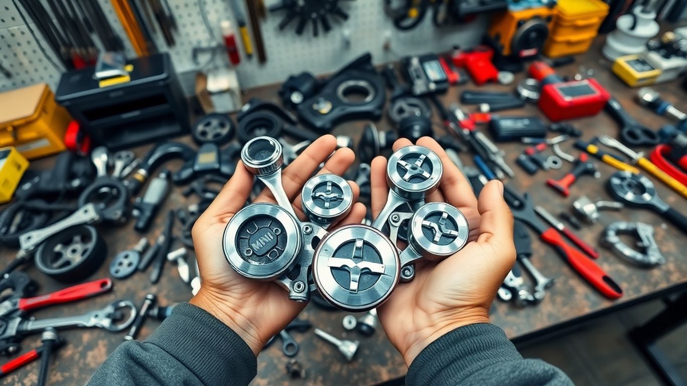 Hands holding shiny Mini car parts in workshop