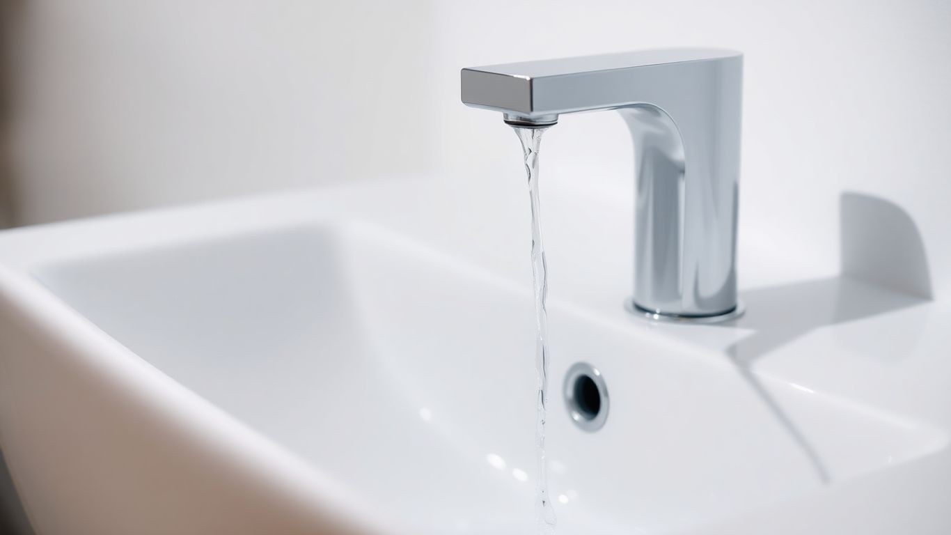 Modern bathroom tap with flowing water.