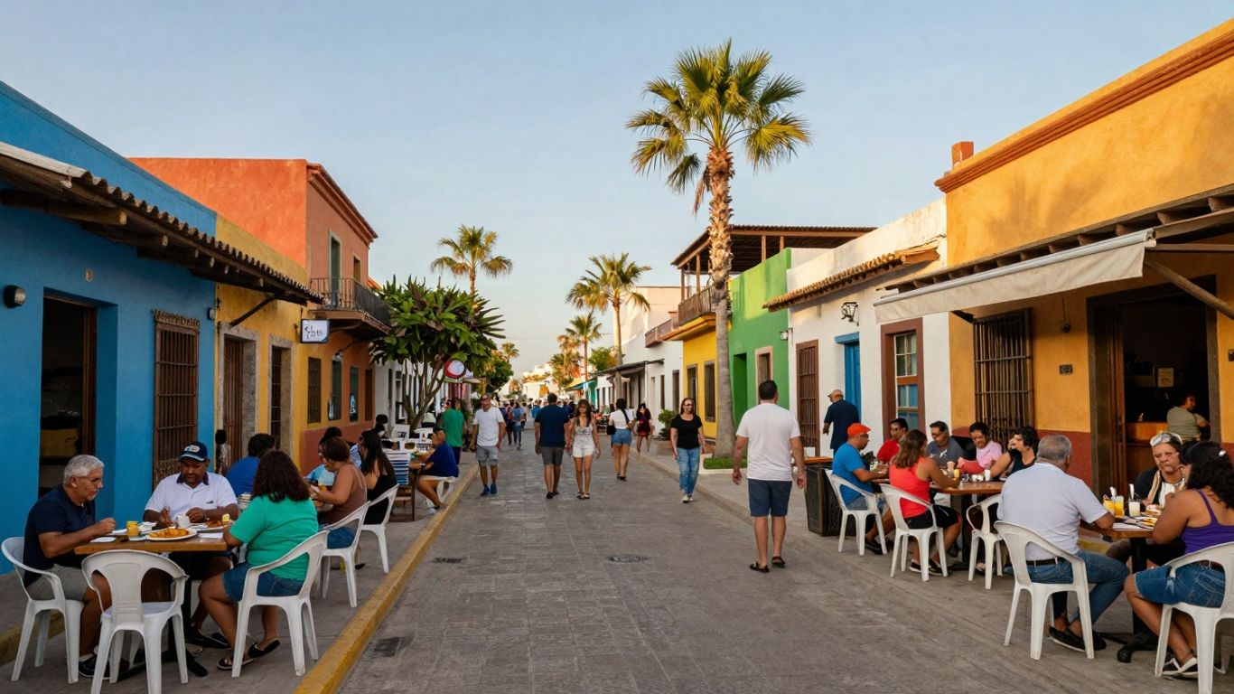 Budget-friendly eateries on a sunny Cabo street.