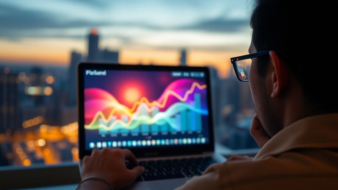 Laptop screen with global growth visualization