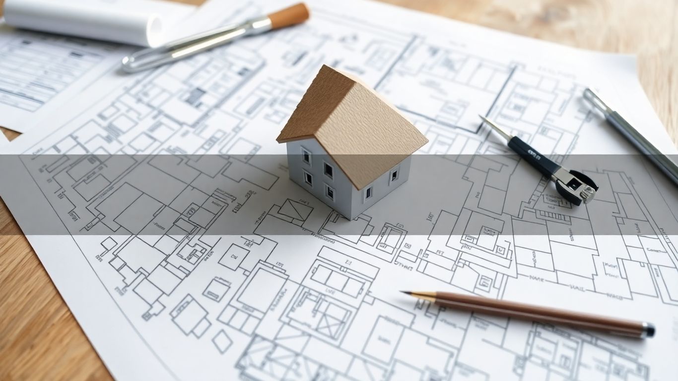 House renovation plans with tools and model.