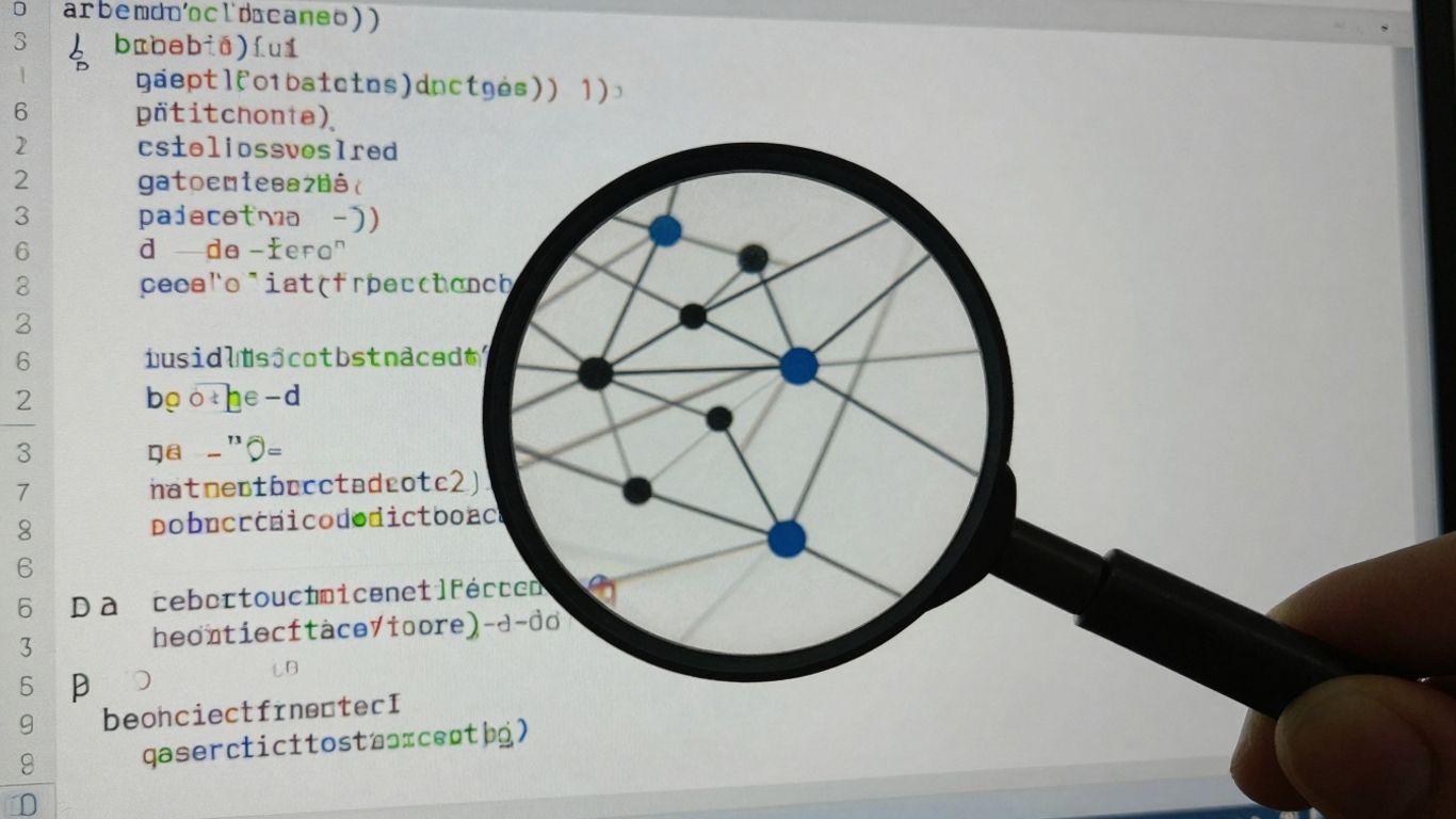 Loupe sur écran d'ordinateur avec code et connexions