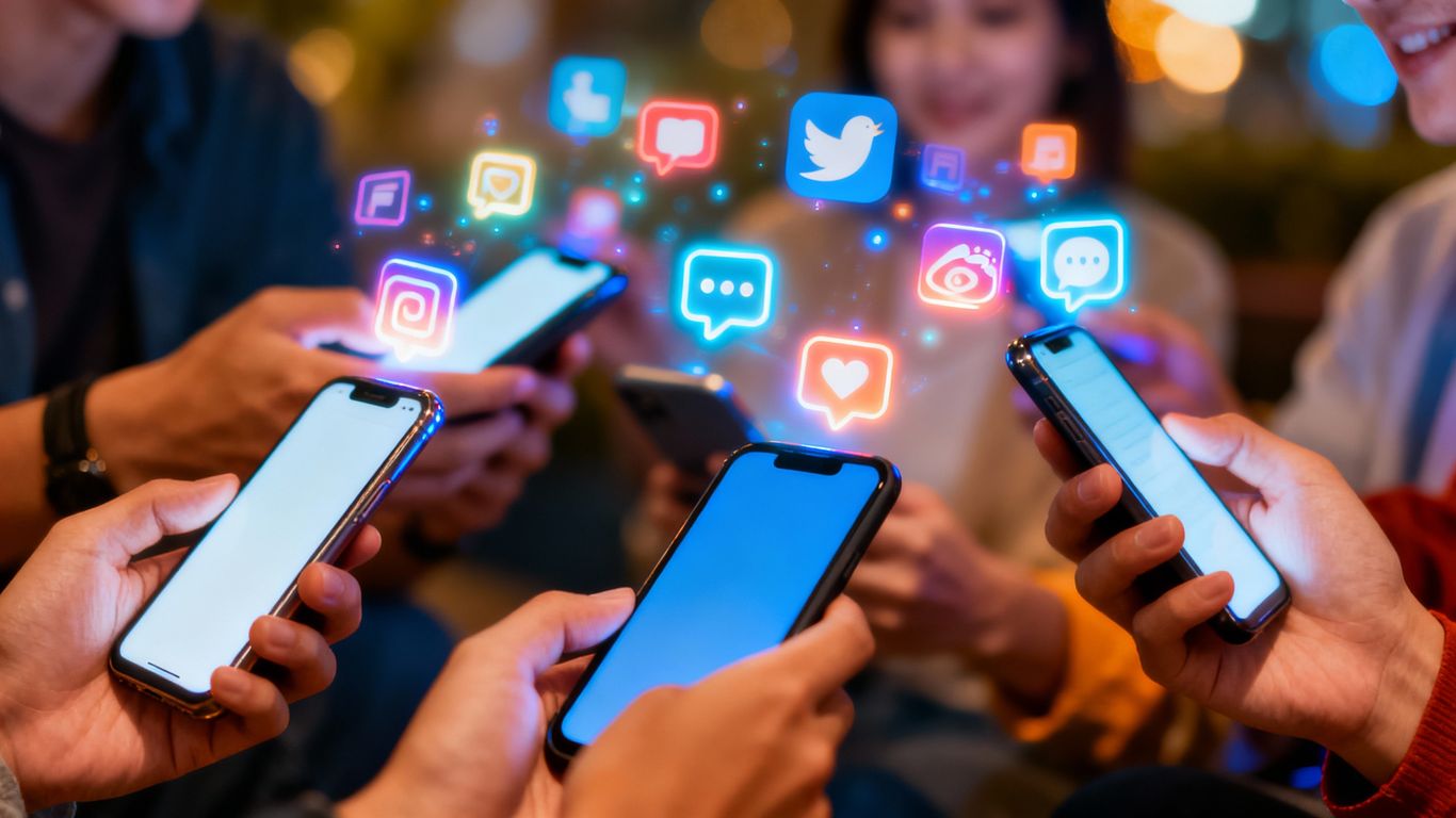 Hands holding phones with glowing social media icons.