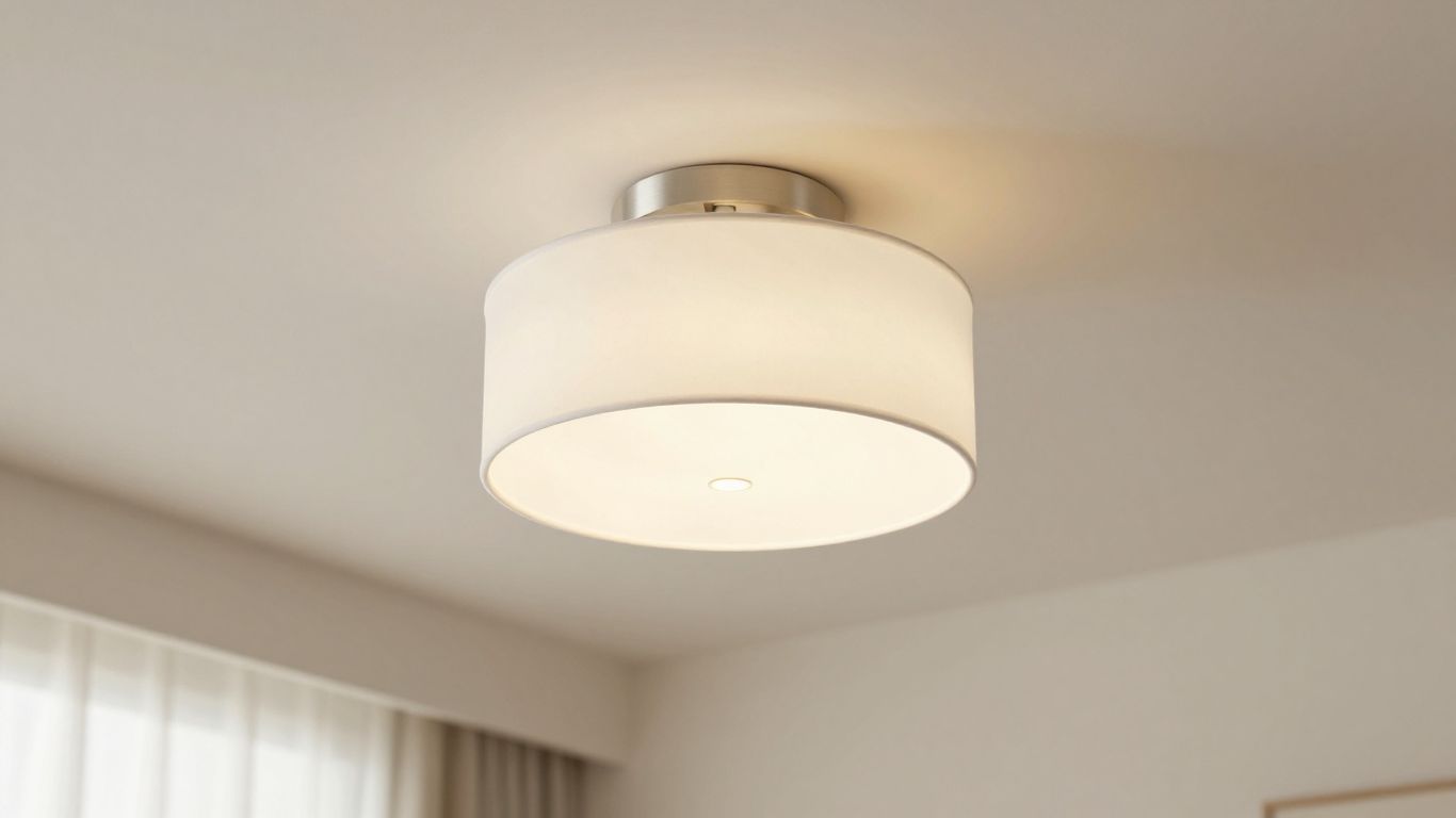 Flush mount light fixture with white shade in a living room.