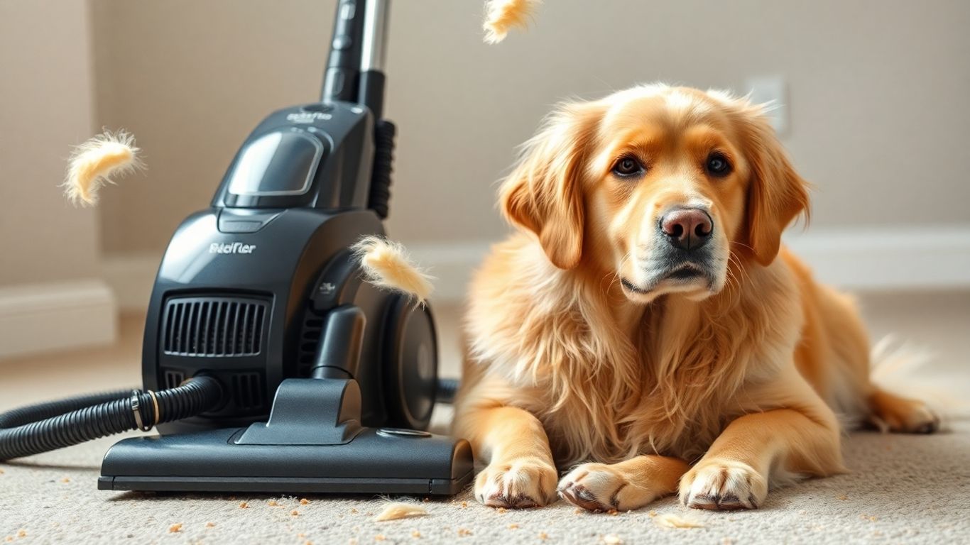 Golden Retriever and vacuum cleaner with loose fur.