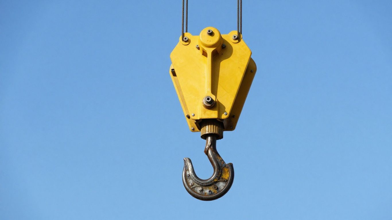Crane hook and cable against a blue sky.
