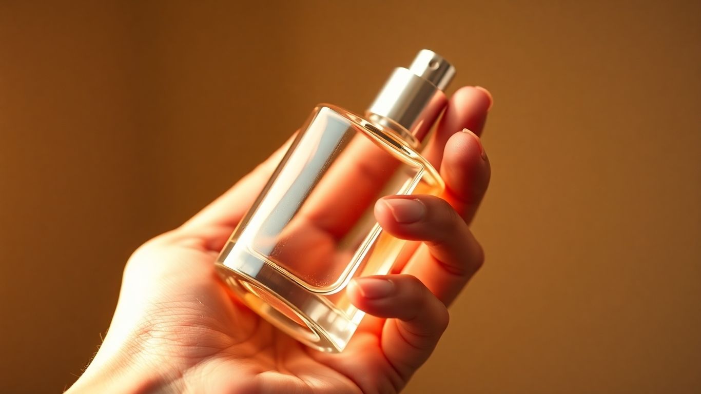 Elegant perfume bottle held in a hand.