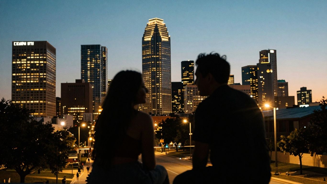 Dallas skyline with two people meeting casually at night.