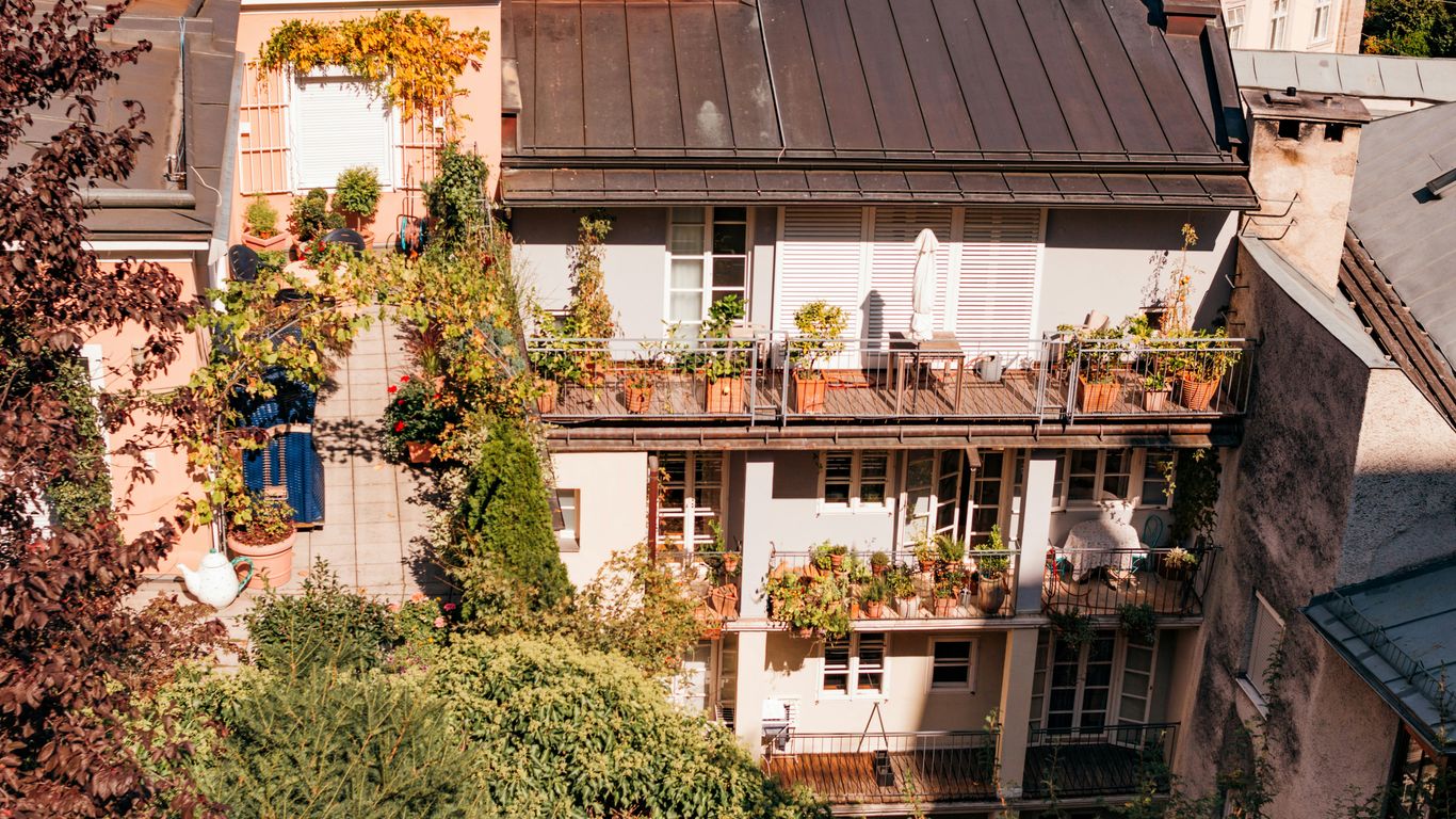 Buildings with green plants on their balconies.