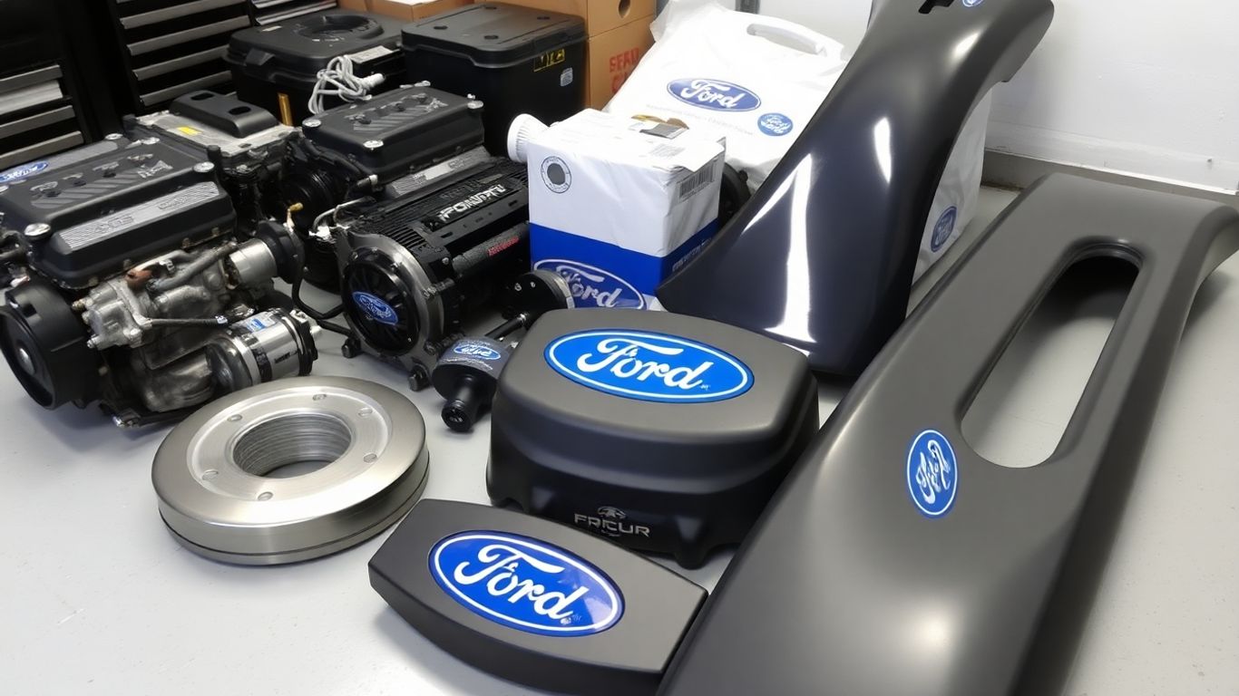 Genuine Ford spare parts arranged on a workshop surface.
