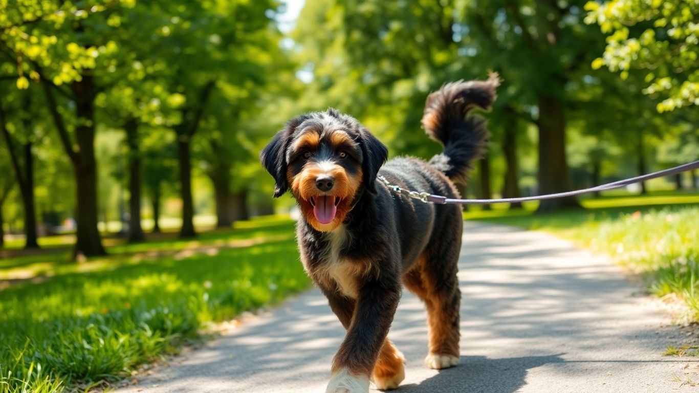 Bernedoodle dog walking on a leash in a park.