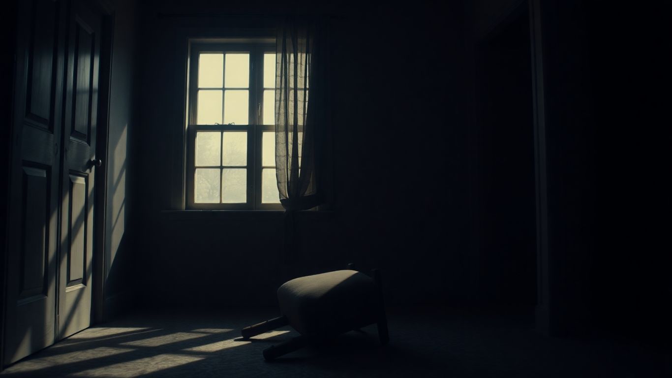 Intérieur sombre d'une maison avec une chaise renversée.