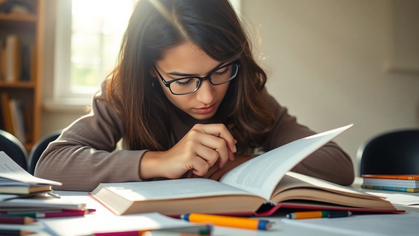 Student studying for IELTS exam with books and notes.