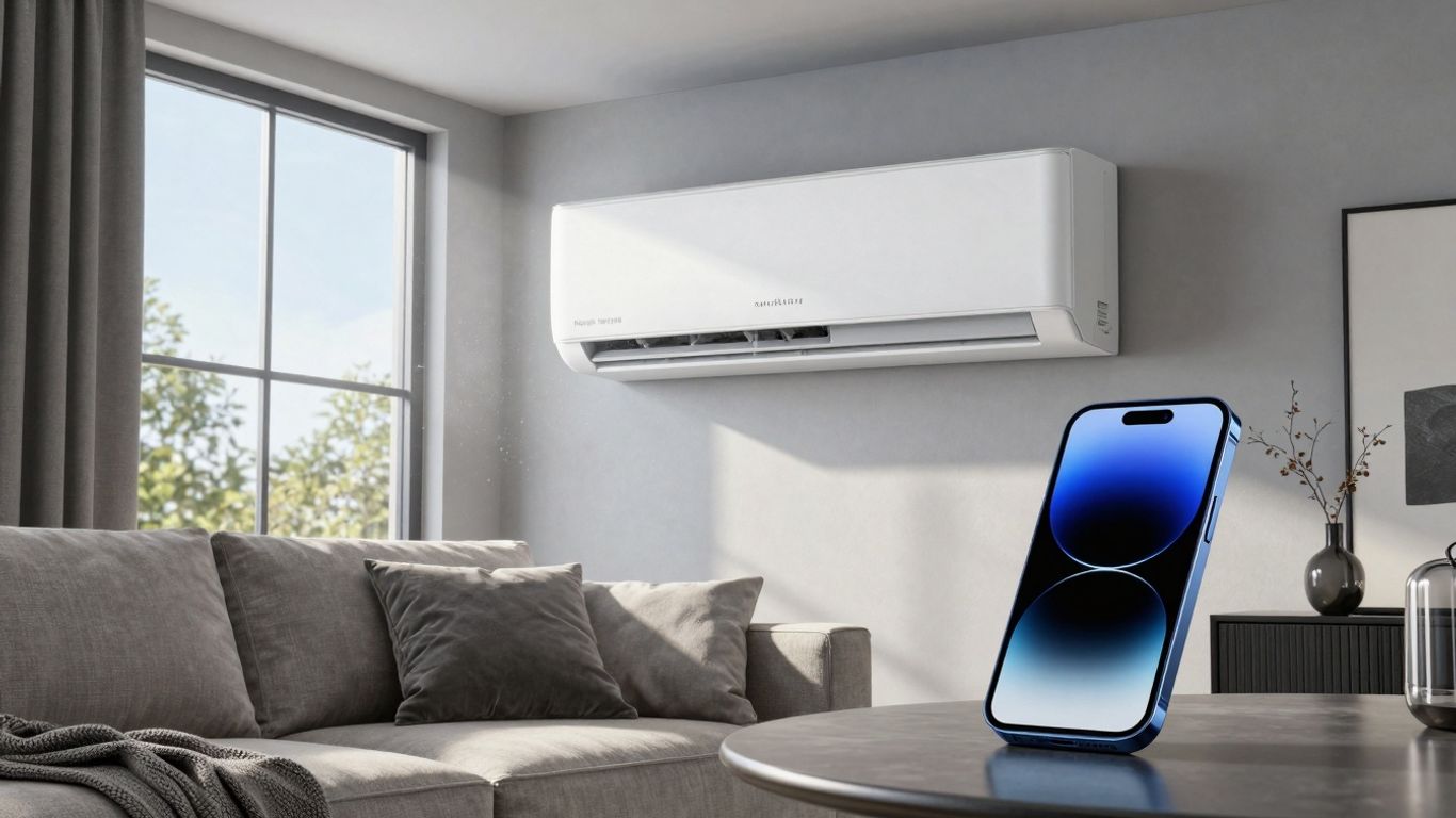 Smarte Klimaanlage im Wohnzimmer mit Smartphone-Steuerung