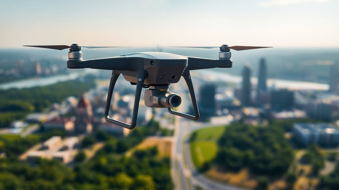 Drone flying over Illinois landscape with city background.