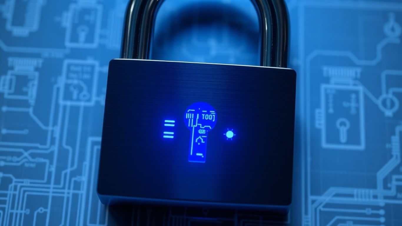 Digital padlock on a blueprint, indicating cyber security.