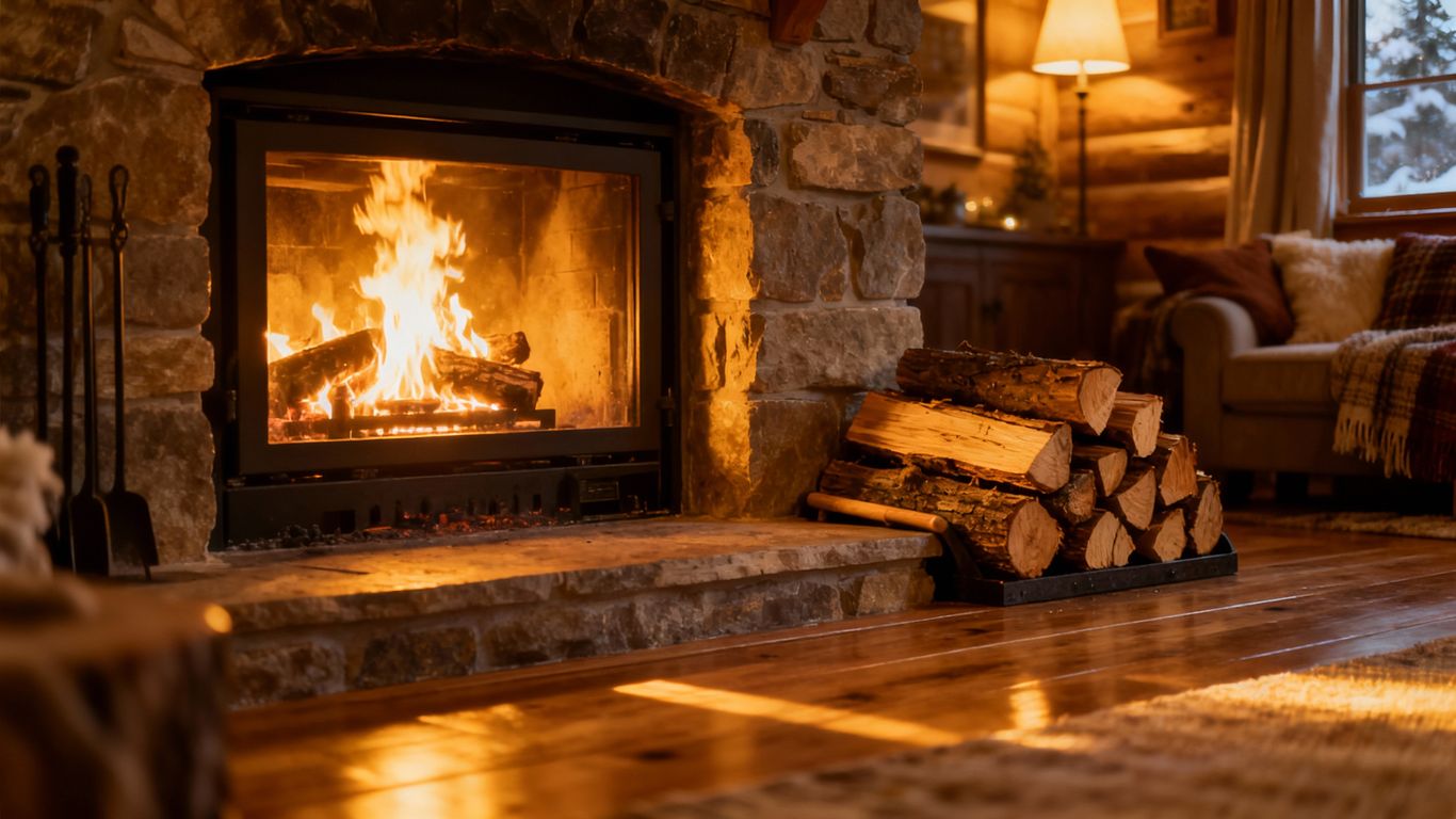 Cozy fireplace with crackling fire and firewood.