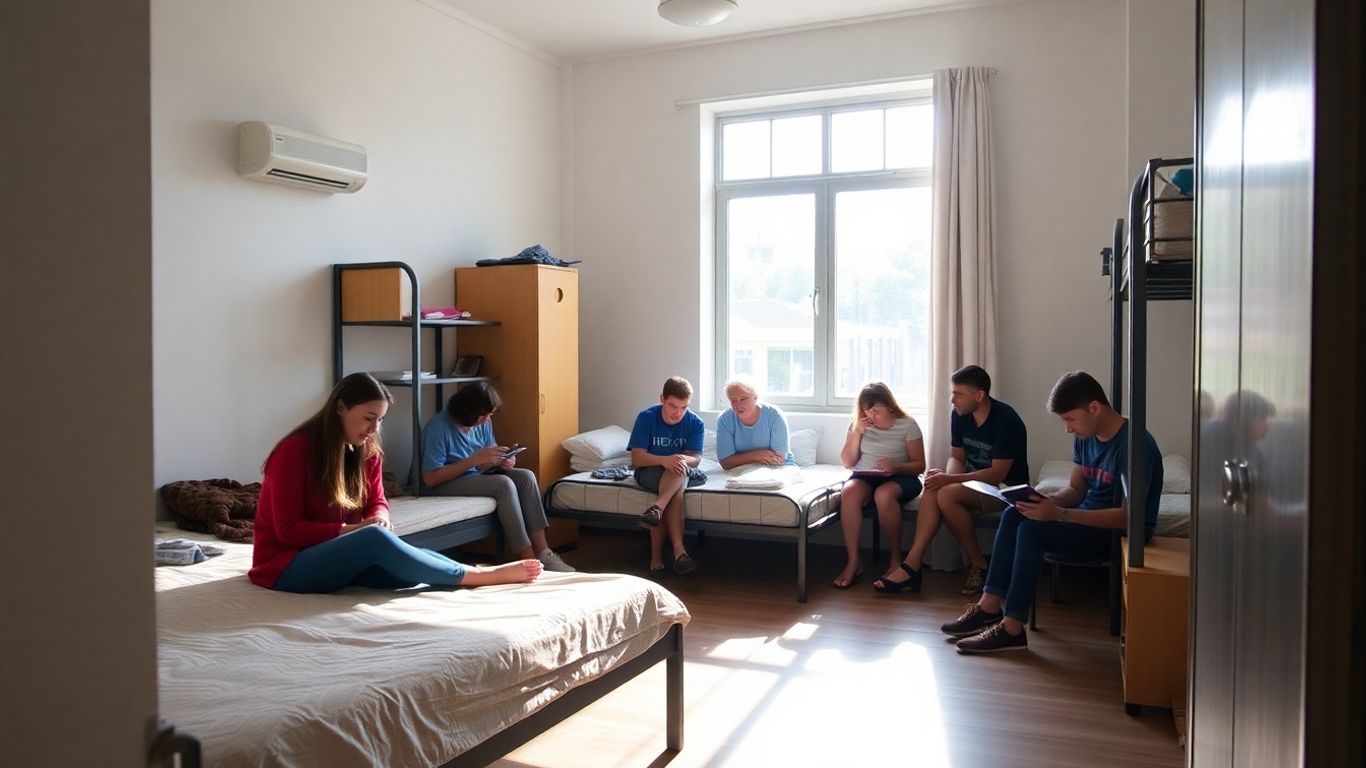 Hostel common room with people relaxing and engaging in activities.