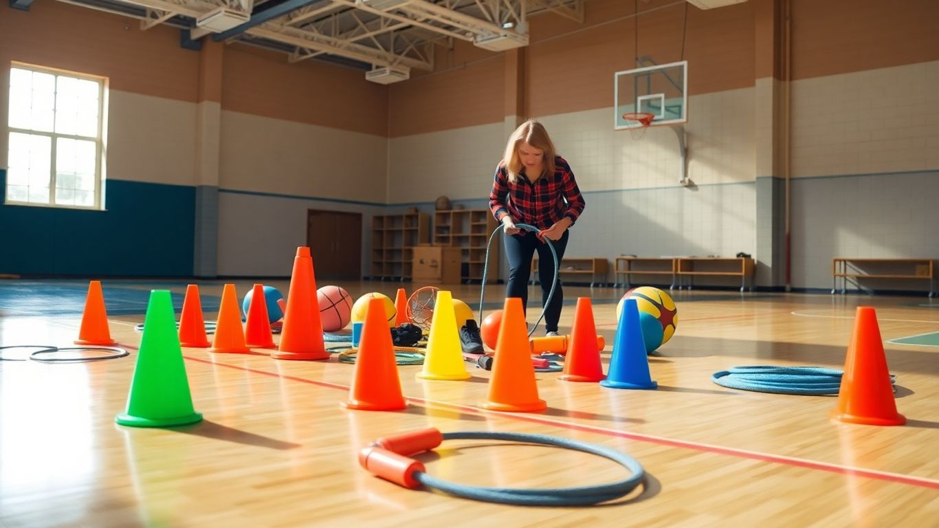 Lehrer plant Sportunterricht mit Sportgeräten