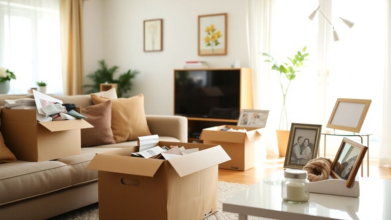 Tidy living room with organised boxes and personal mementoes.