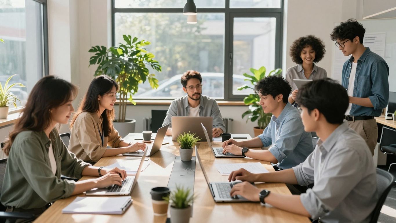 People collaborating in a bright, modern office.