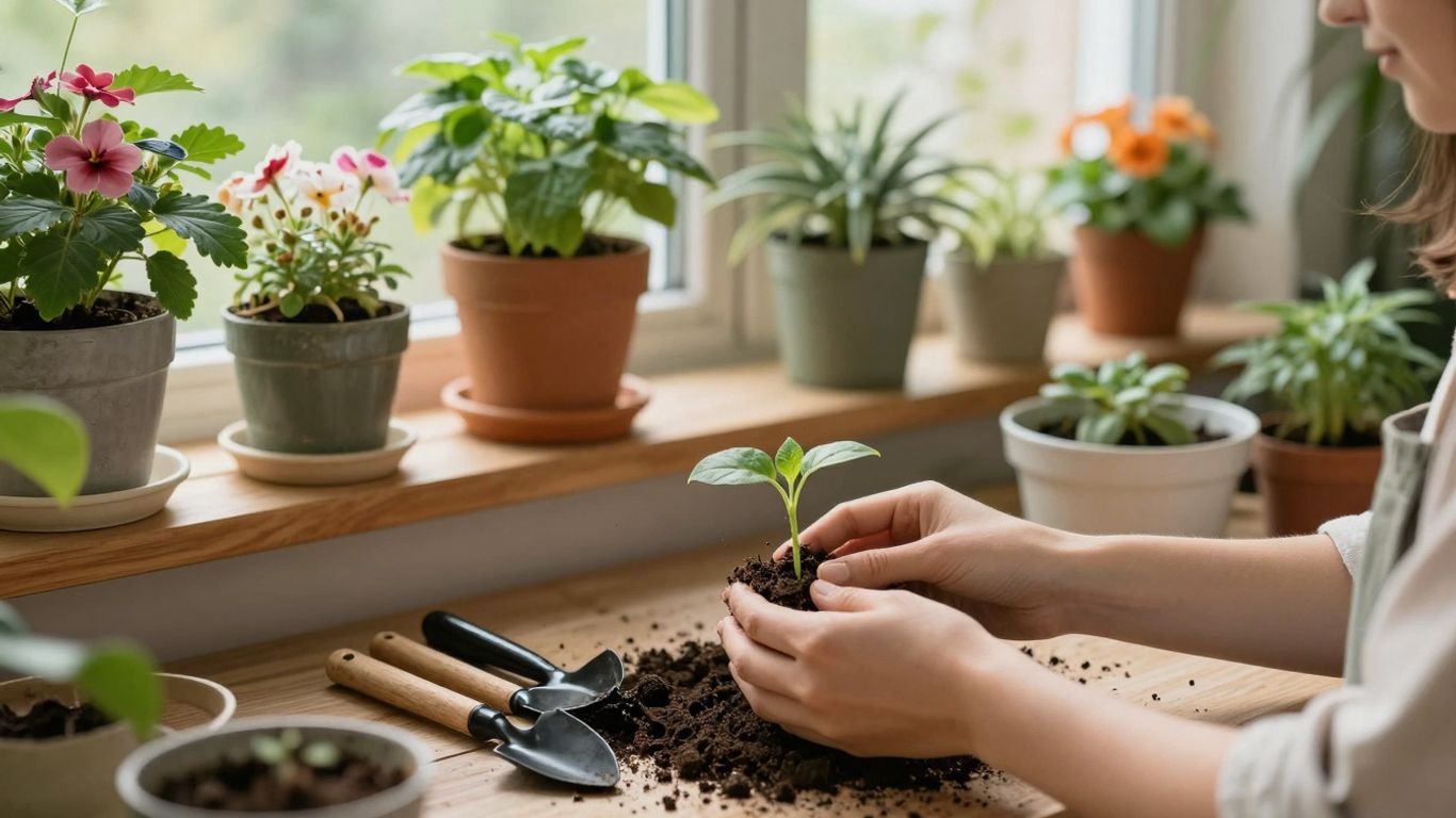Indoor Garten mit Pflanzen und Werkzeugen