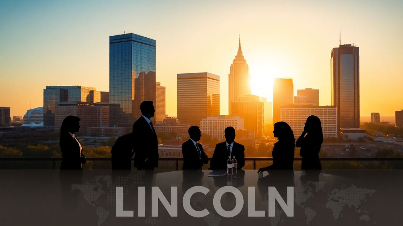 Lincoln NE skyline and business professionals collaborating.